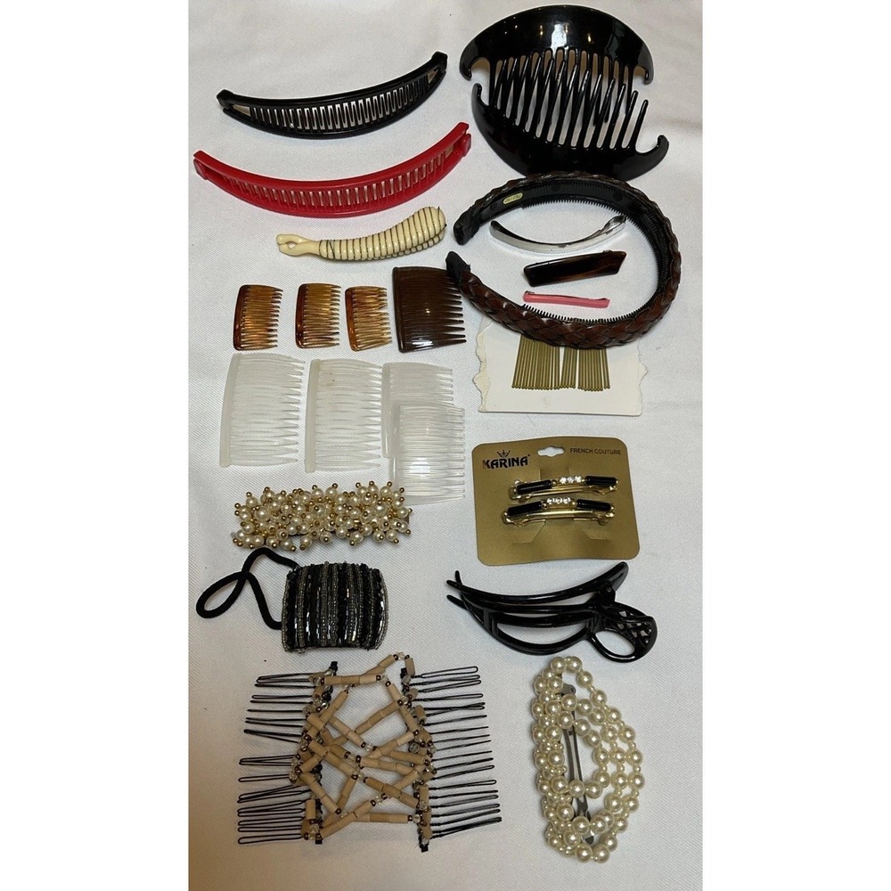 Vintage Hair Accessory‎ Lot Of 24 Banana Clip Barrette Combs Pins Band Cincher